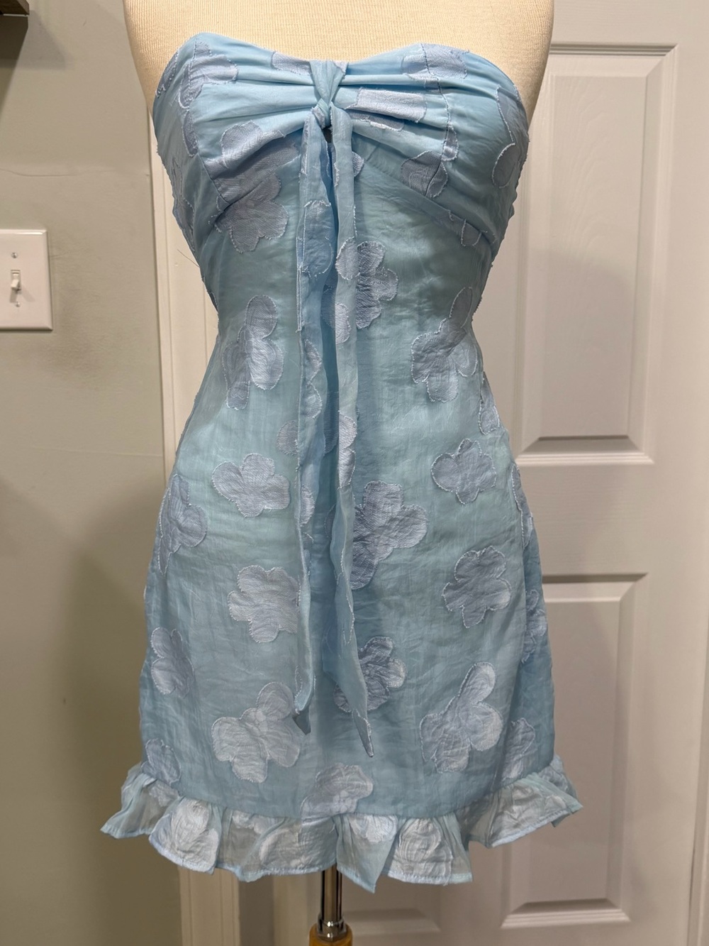 Hello Molly Light Blue Strapless Floral Tie-Front Mini Dress